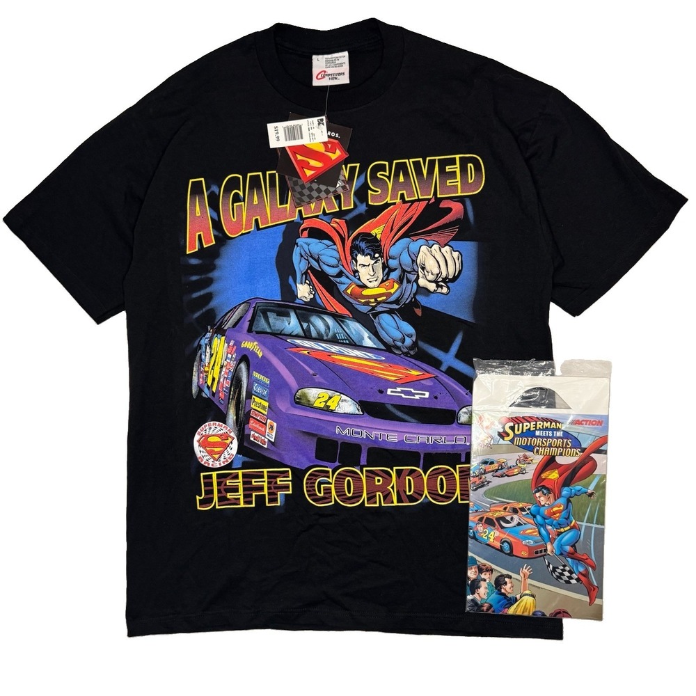 Vintage 1999 Jeff Gordon Superman A Galaxy Saved NASCAR AOP T-Shirt Size Large